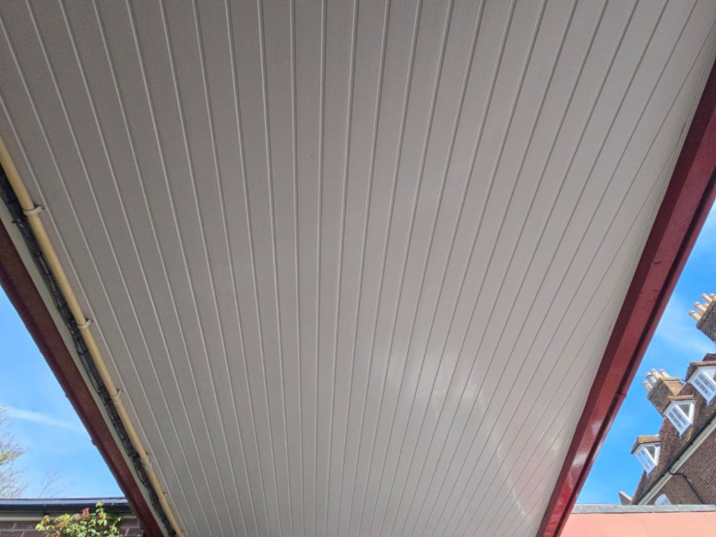Close view of the white PVC soffit boards