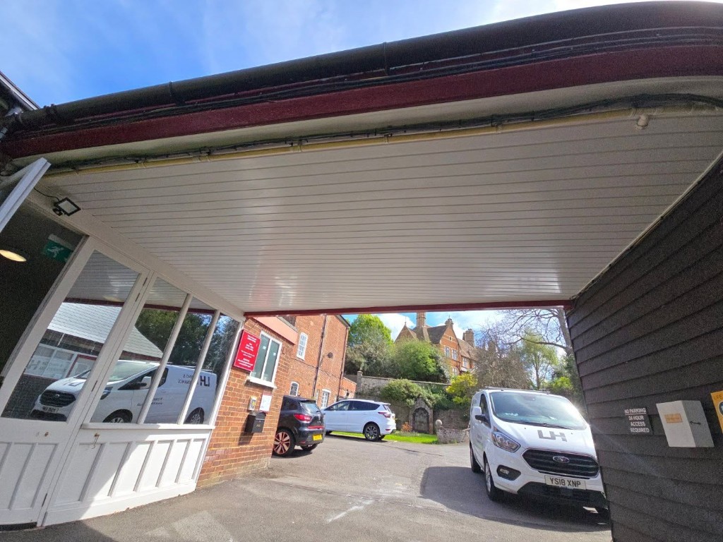 The finished soffit running the length of the canopy